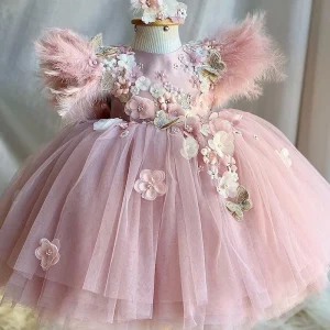 Puffig Prinsessklänning med Blommig Applikation för Flickor – Rosa