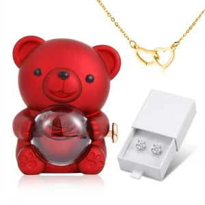 Eternal Rose Bear Box Med Ingraverad Hjärthalsband - Gratis Örhängen